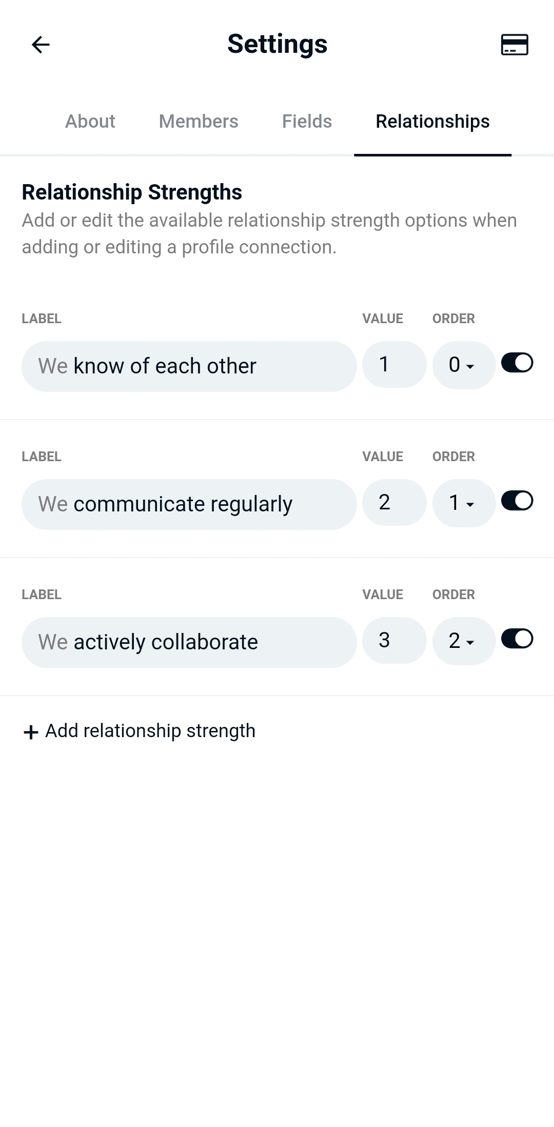 Phone screenshot of Relationship Strengths